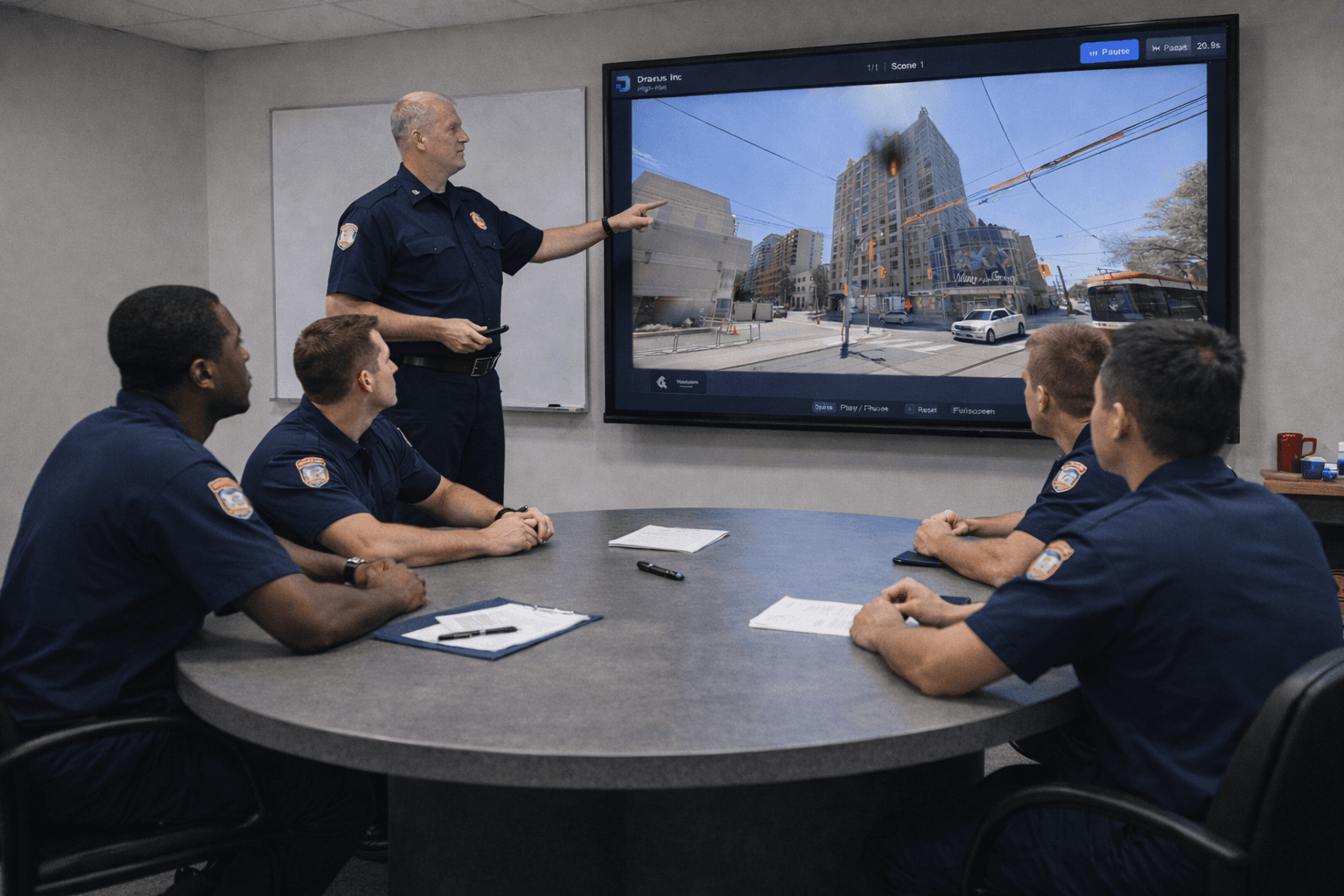 Firefighters analyzing a fire simulation scenario on screen during station-based training