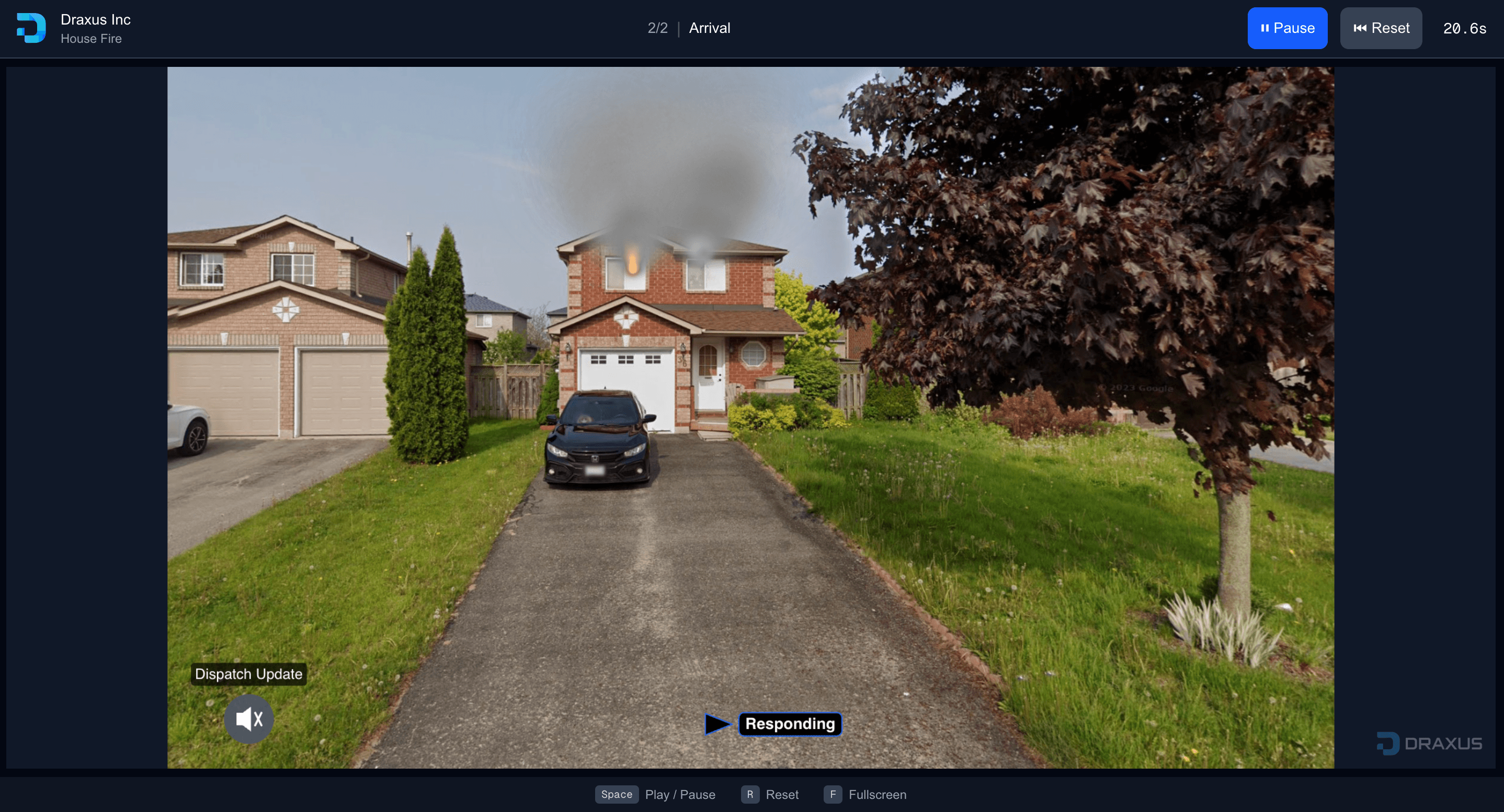 Draxus fire simulation training software showing a realistic residential building scenario with fire and smoke effects
